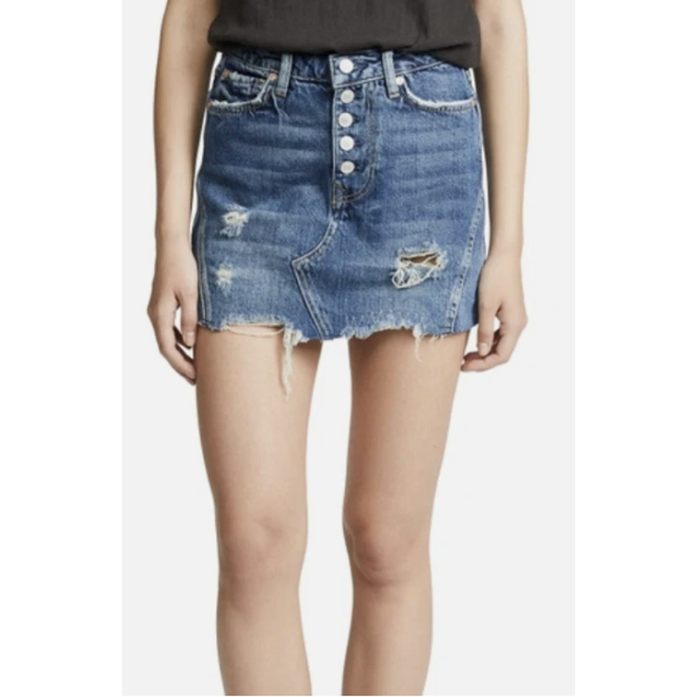 Free People Destroyed Button Fly Denim Skirt In Harvey Blue Wash Jean Size 28